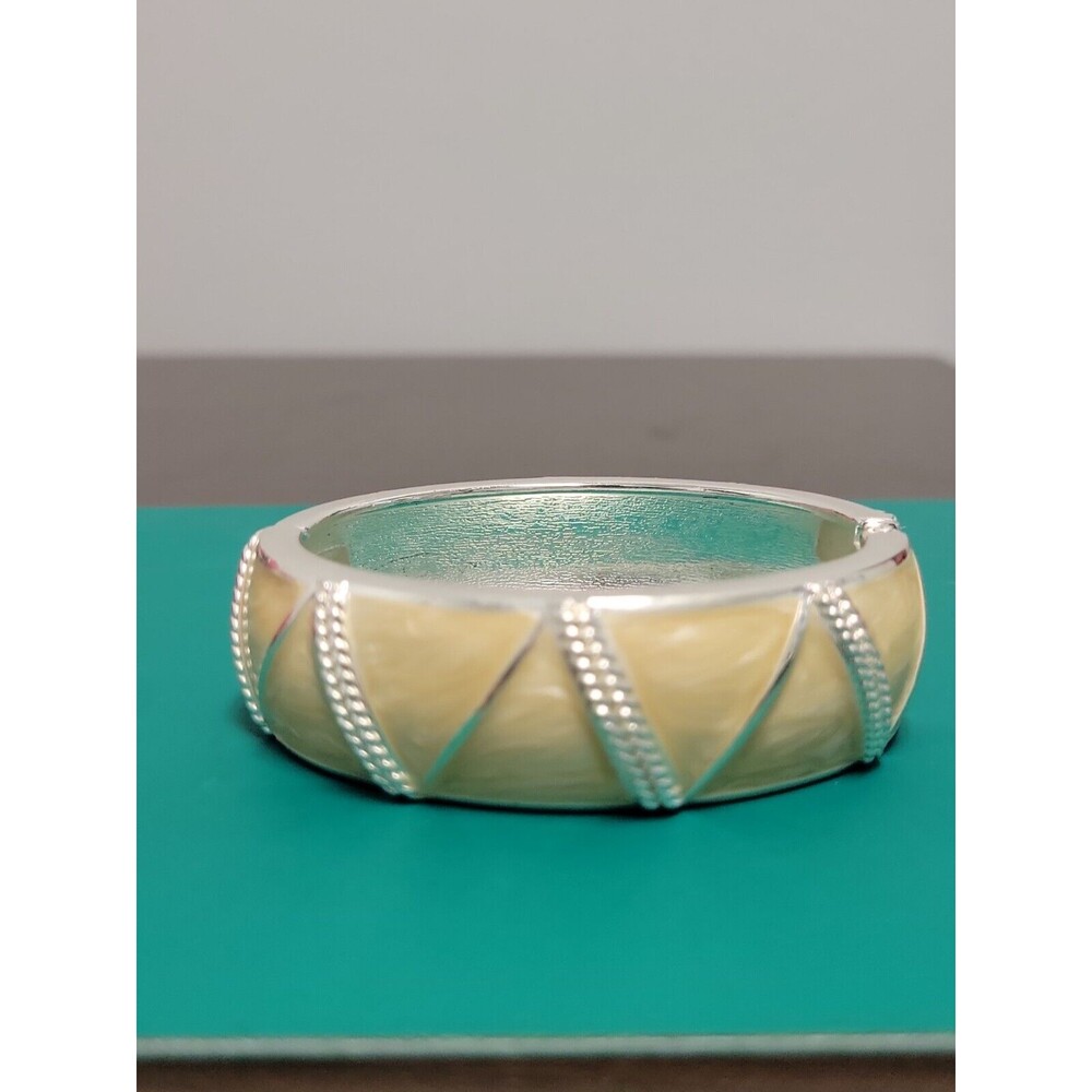 Vintage Tan Enamel Triangular Pattern Silver Tone… - image 1